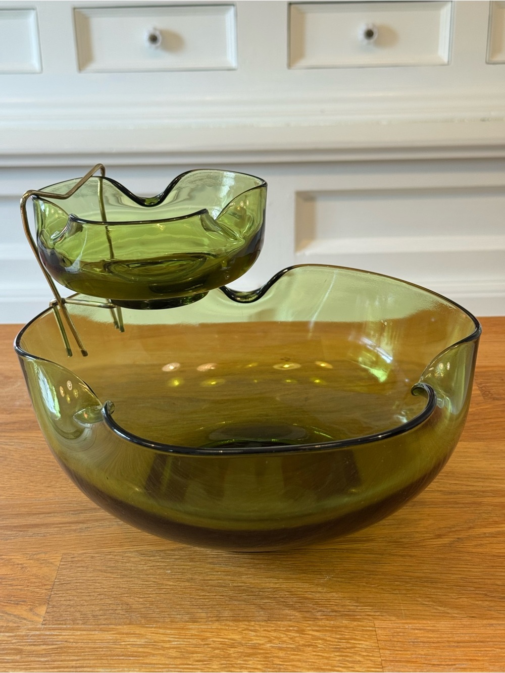 🥑 Vintage Anchor Hocking Avocado Green Chip & Dip Set | MCM Pinched Glass
